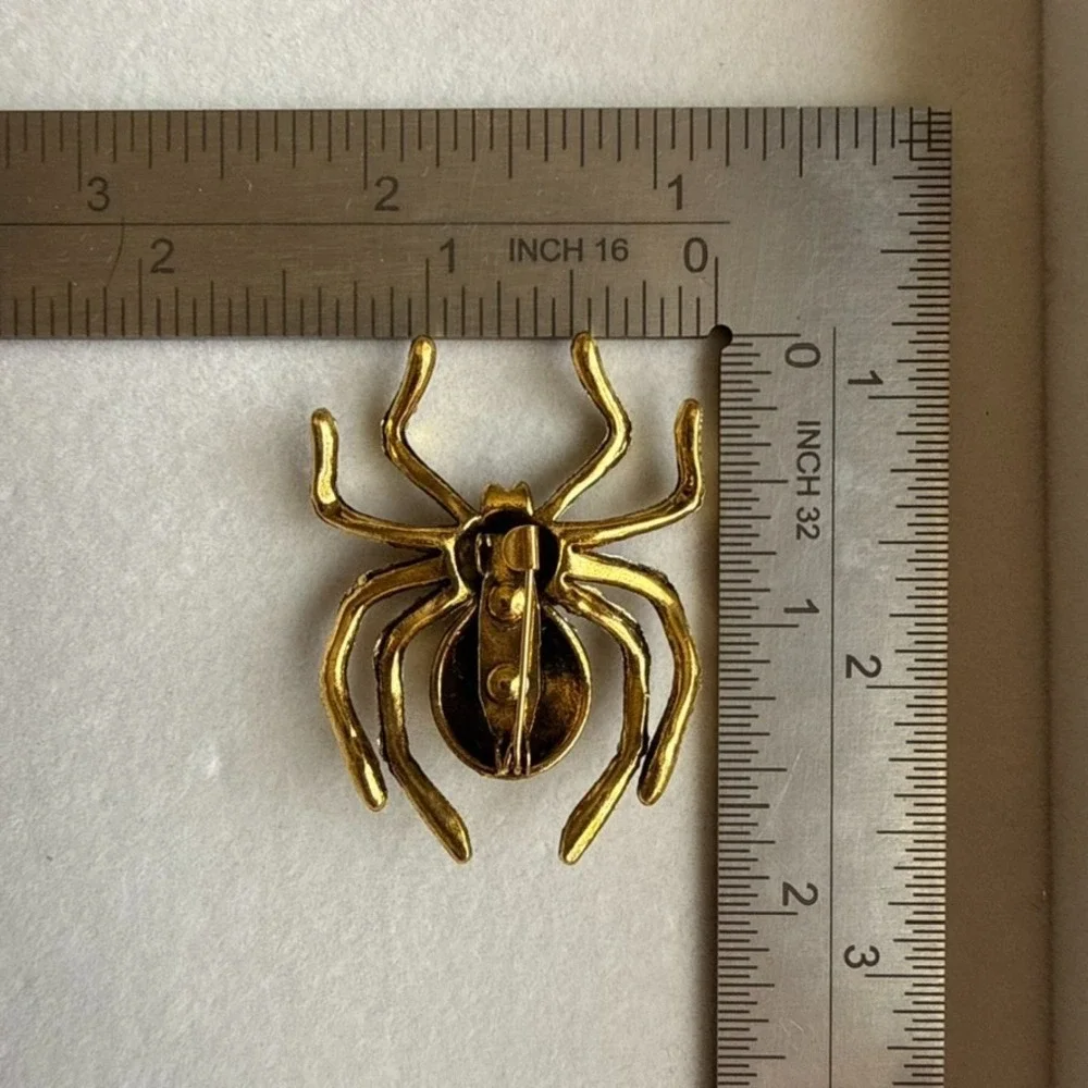 Spider Brooch Gold Tone Black Clear Rhinestone Crystal Statement Jewelry